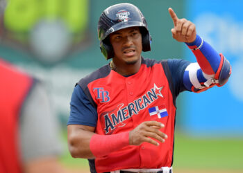 CLEVELAND, OHIO - JULY 07: Wander Franco #40 of the American League celebrates after hitting a single during the fourth inning against the National League during the fourth inning during the All-Stars Futures Game at Progressive Field on July 07, 2019 in Cleveland, Ohio. The American and National League teams tied 2-2. (Photo by Jason Miller/Getty Images)